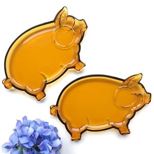 Set of 2 Vintage Tiara Indiana Glass Amber Pig Plate Set